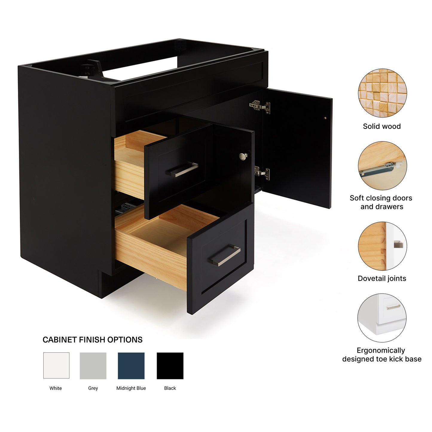 Bradford 42-inch Black base cabinet on feature highlights: solid wood frame, soft-close doors and drawers, Sherwin-Williams paint finish