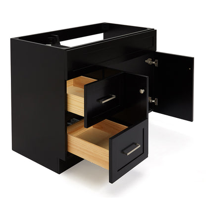 Bradford 42-inch Black base cabinet on white back ground side view open door