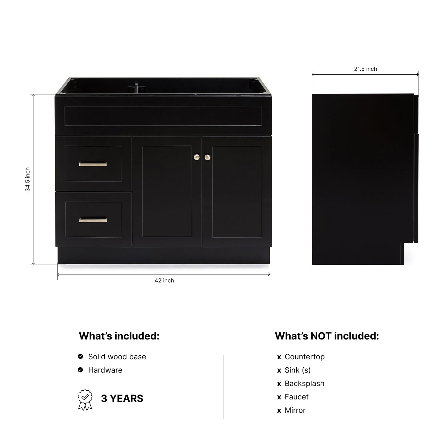 Bradford 42-inch Black base cabinet on dimensions