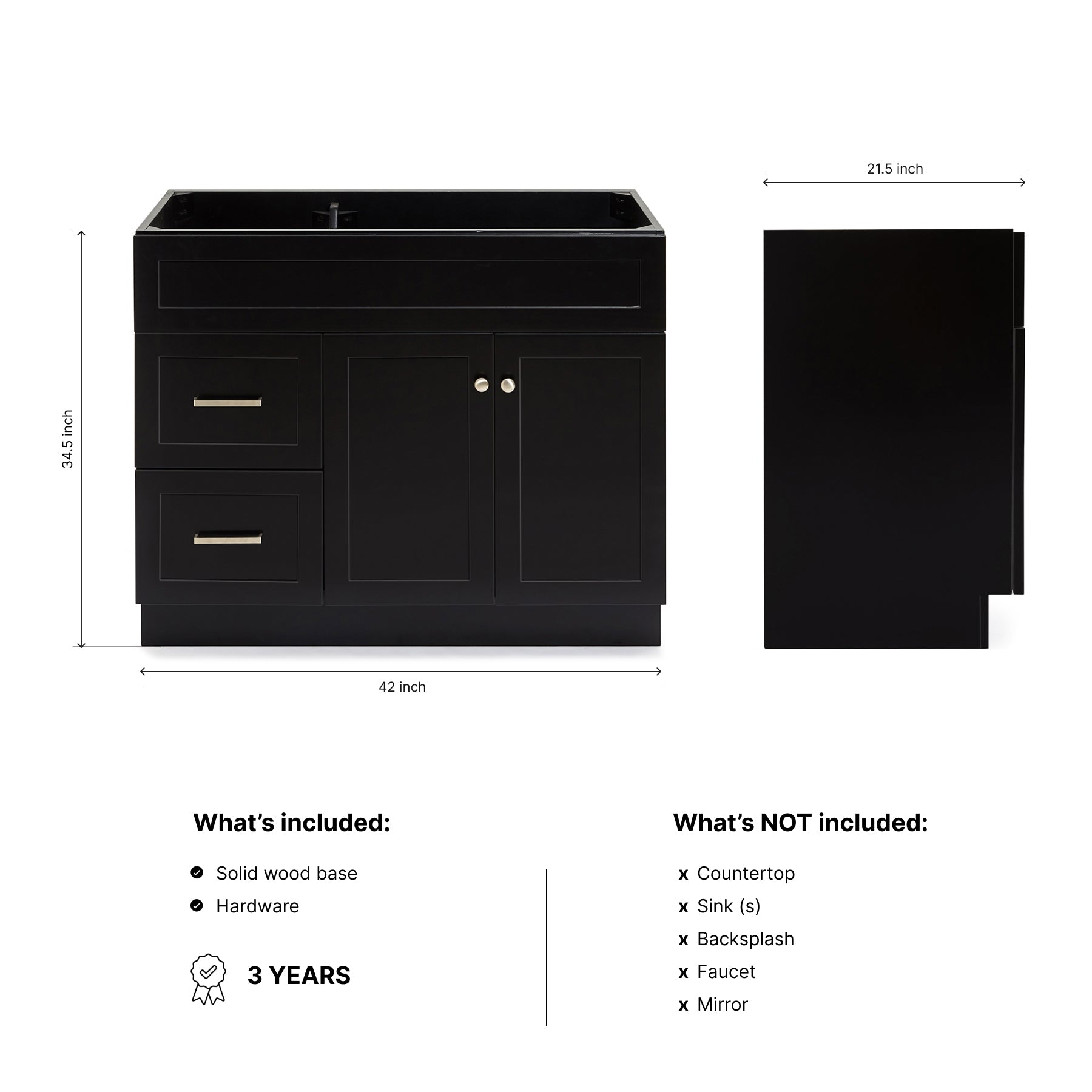 Bradford 42-inch Black base cabinet on dimensions