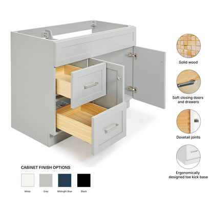 Bradford 42-inch Grey base cabinet on feature highlights: solid wood frame, soft-close doors and drawers, Sherwin-Williams paint finish