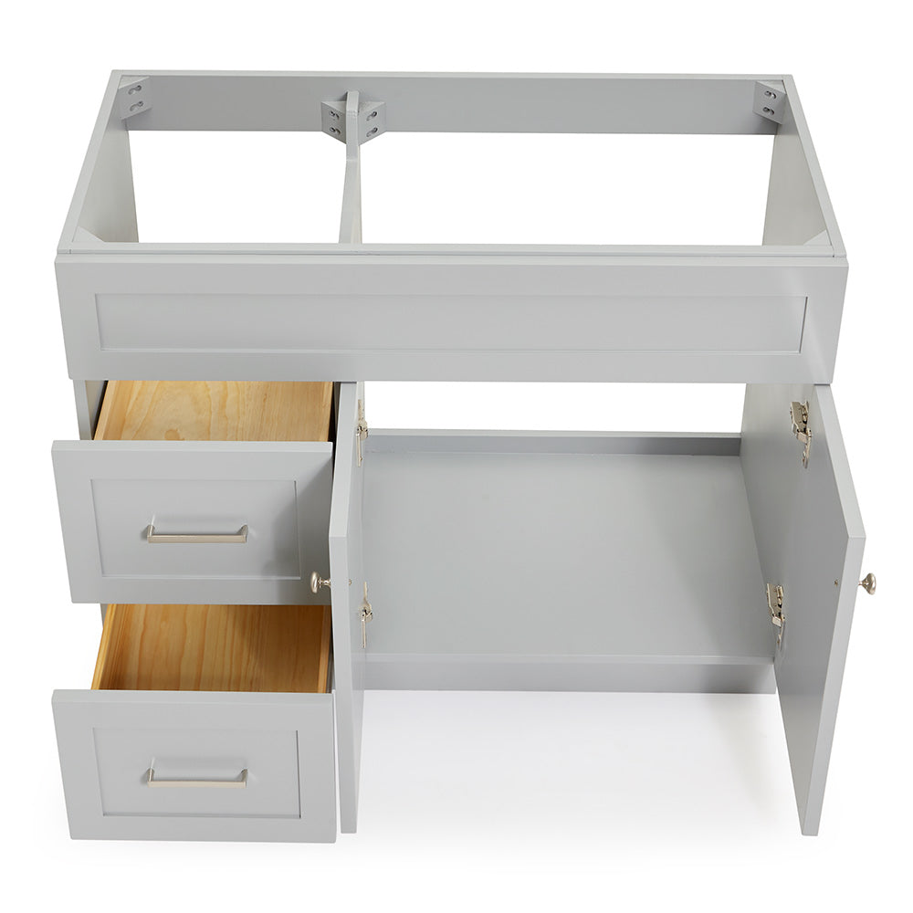 Bradford 42-inch Grey base cabinet on white back ground side view open door