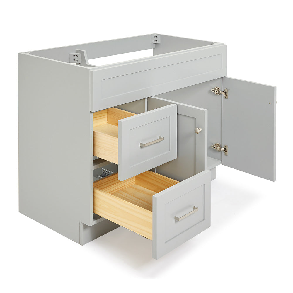 Bradford 42-inch Grey base cabinet on white back ground front view open door