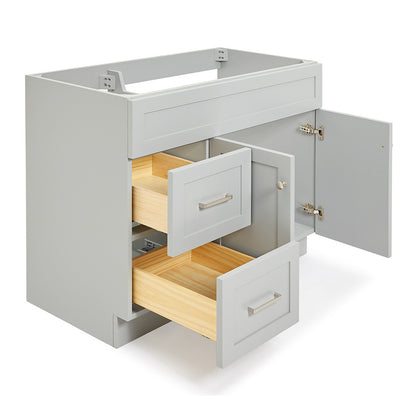 Bradford 42-inch Grey base cabinet on white back ground front view open door