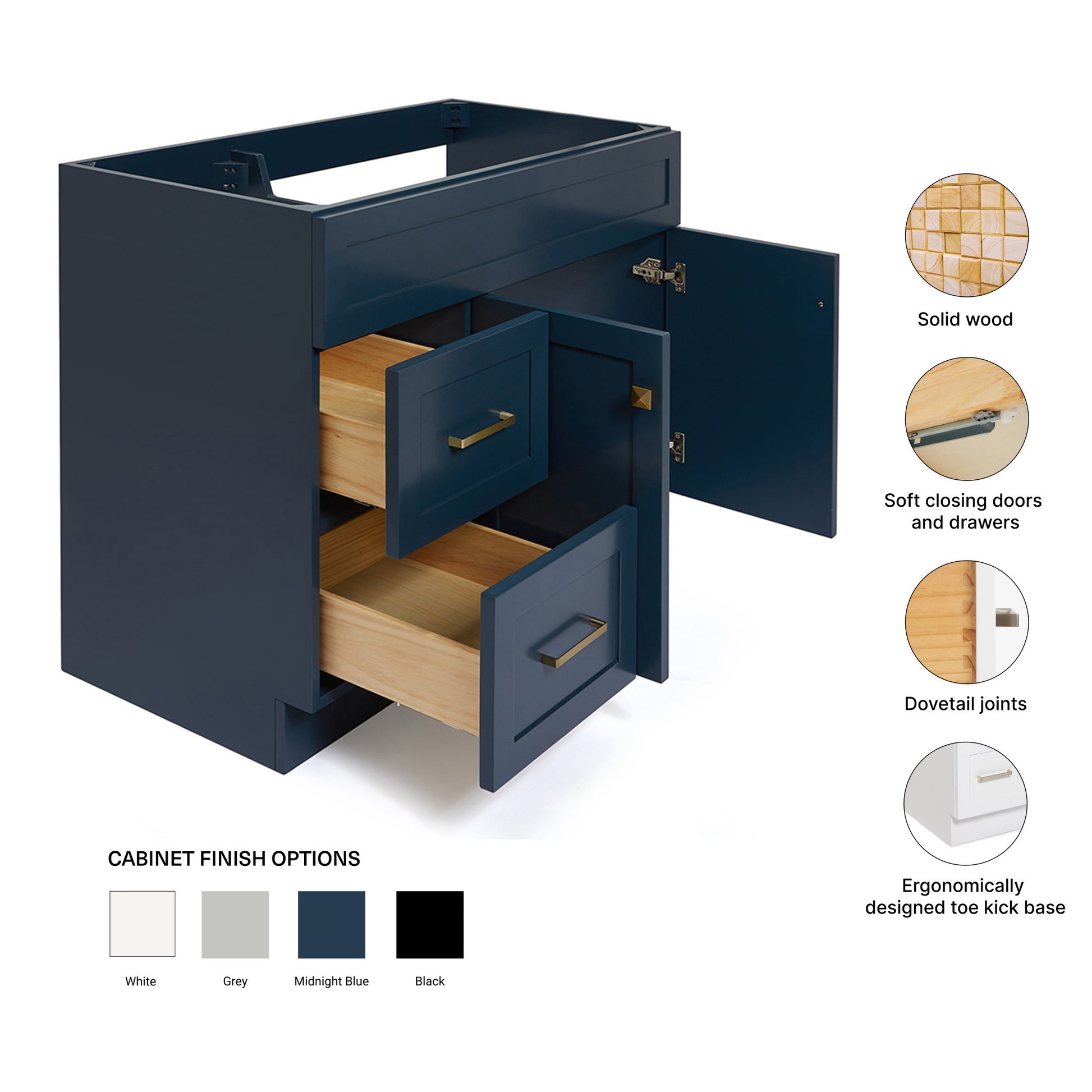 Bradford 42-inch Midnight Blue base cabinet on feature highlights: solid wood frame, soft-close doors and drawers, Sherwin-Williams paint finish