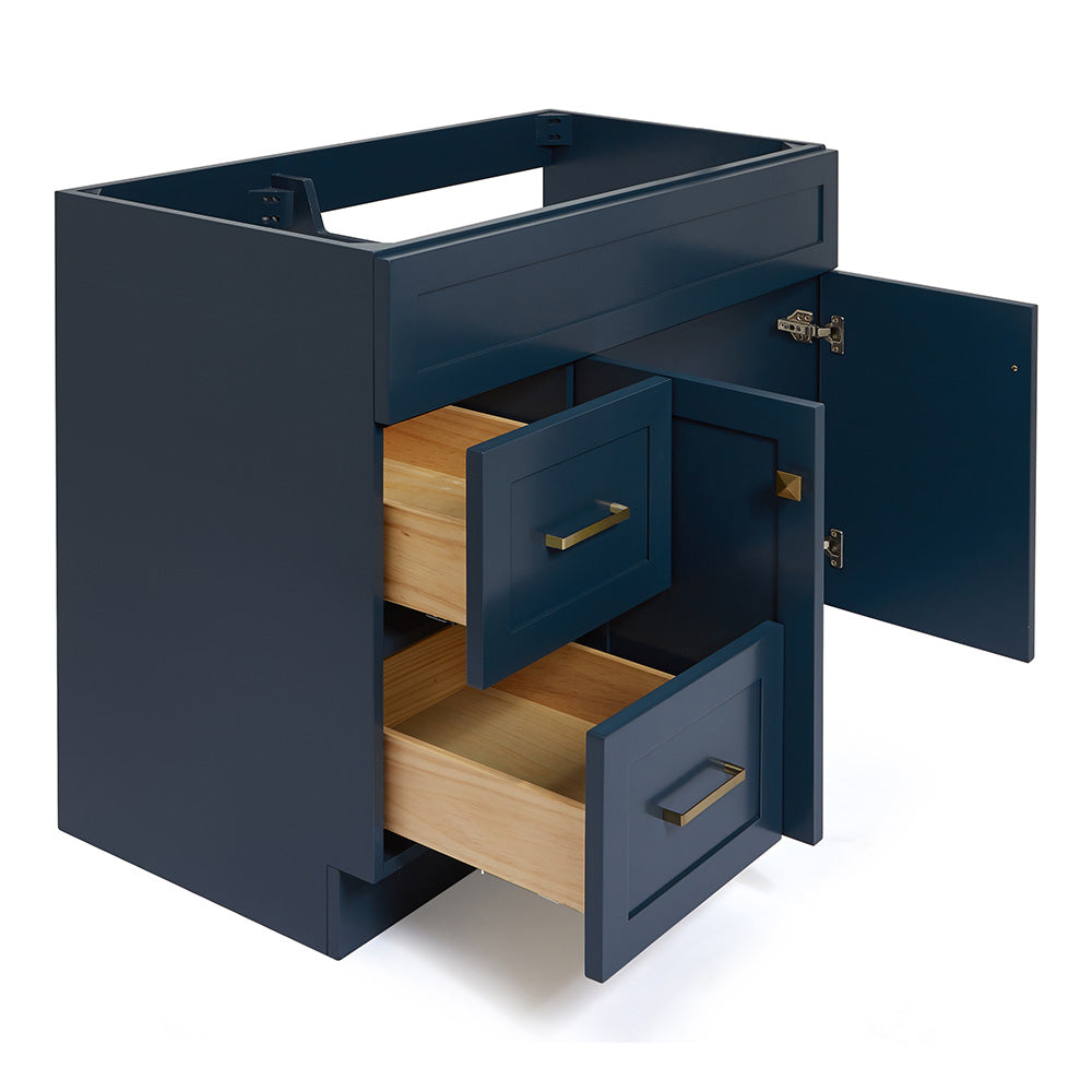 Bradford 42-inch Midnight Blue base cabinet on white back ground side view open door