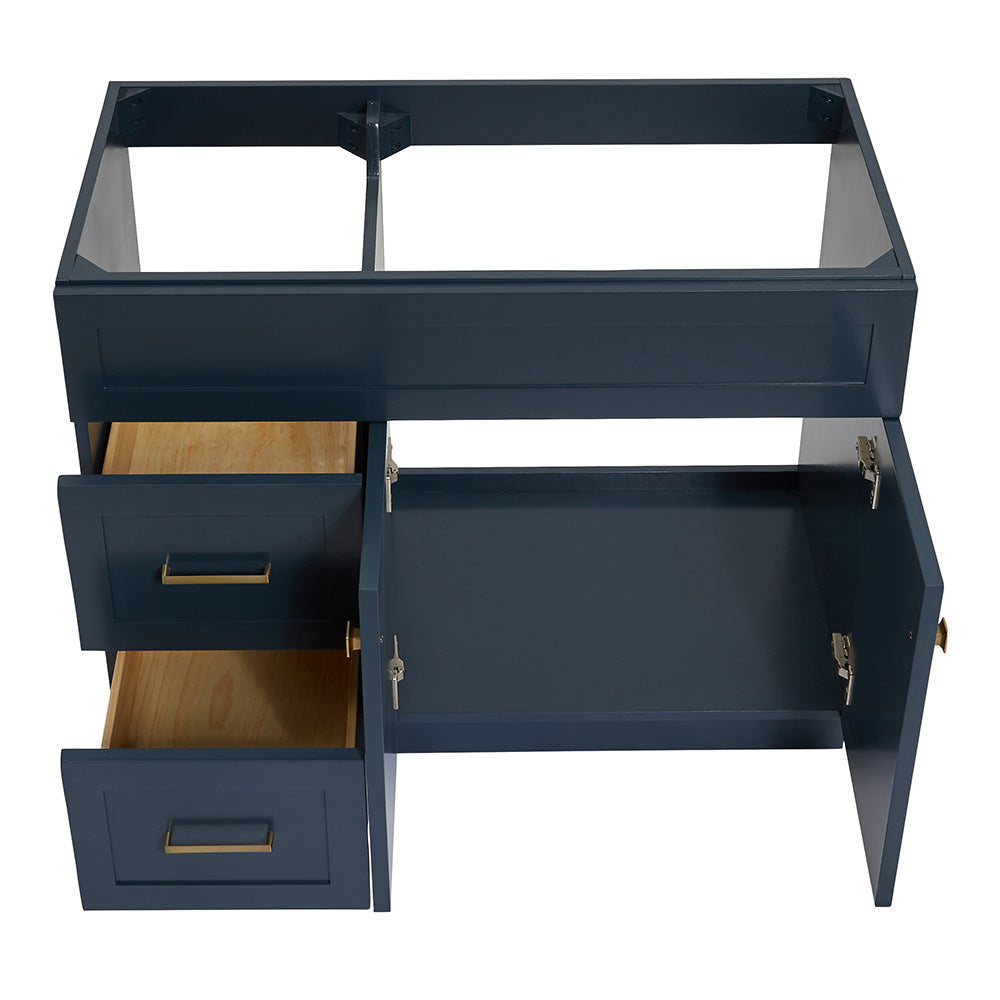 Bradford 42-inch Midnight Blue base cabinet on white back ground front view open door