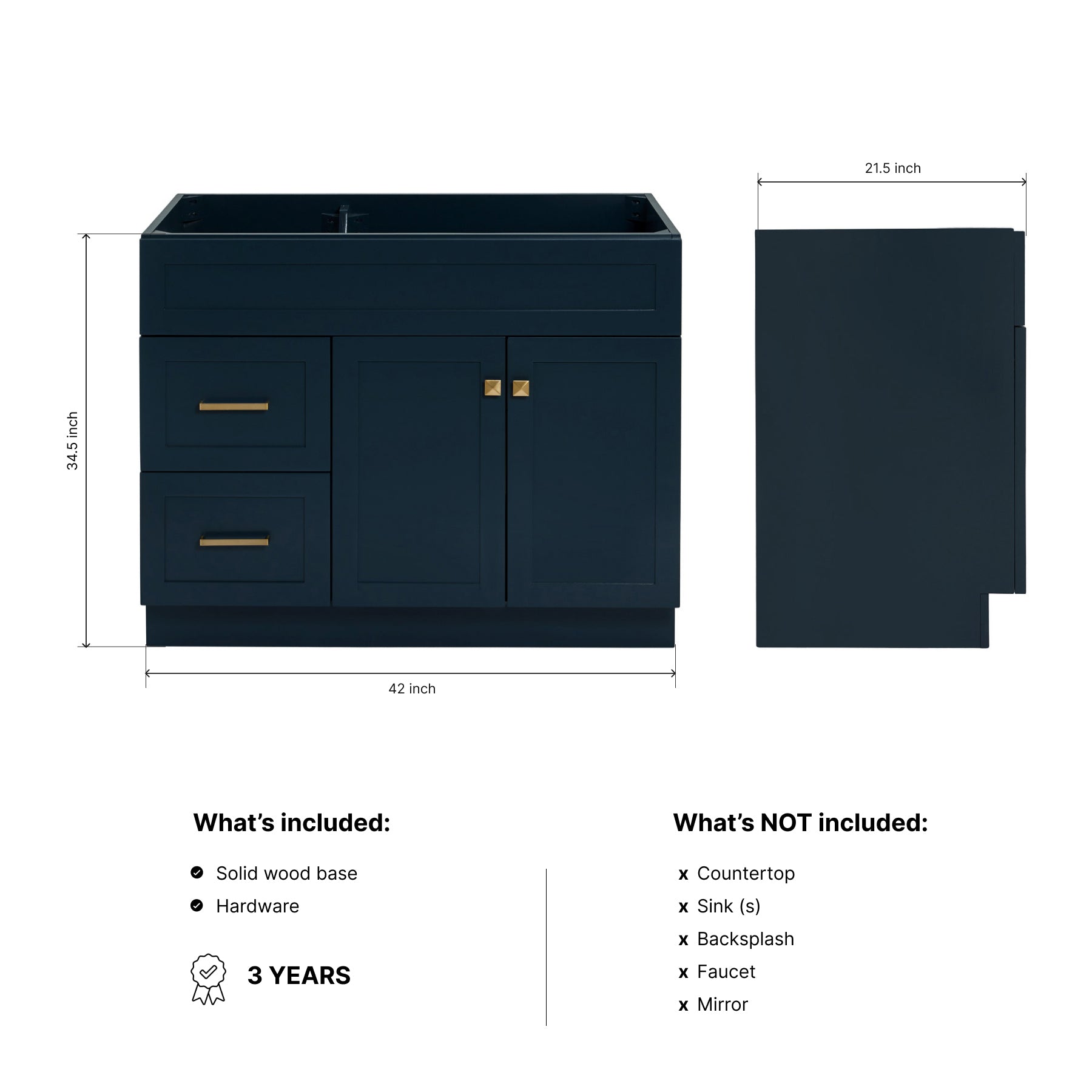 Bradford 42-inch Midnight Blue base cabinet on dimensions