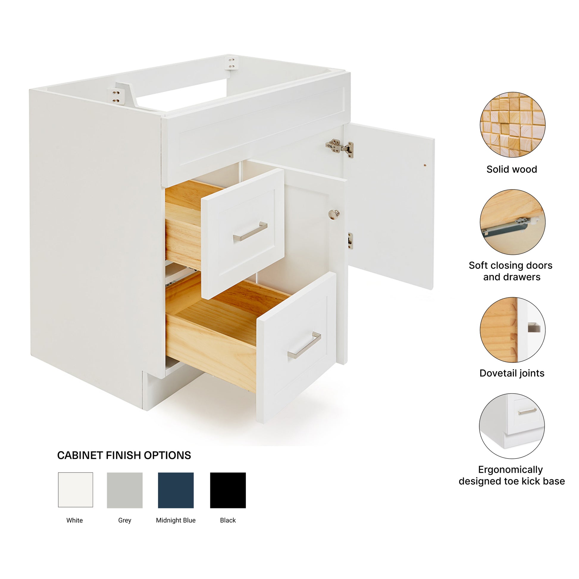 Bradford 42-inch White base cabinet on feature highlights: solid wood frame, soft-close doors and drawers, Sherwin-Williams paint finish