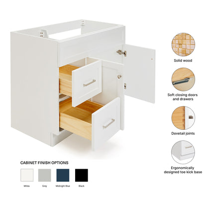 Bradford 42-inch White base cabinet on feature highlights: solid wood frame, soft-close doors and drawers, Sherwin-Williams paint finish
