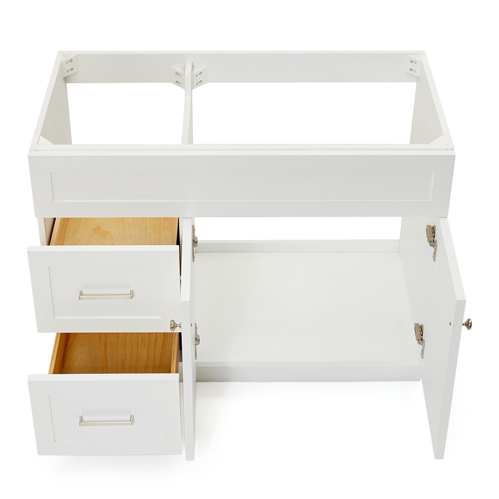Bradford 42-inch White base cabinet on white back ground side view open door