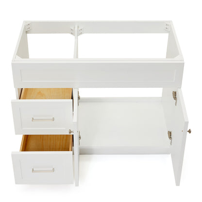 Bradford 42-inch White base cabinet on white back ground side view open door