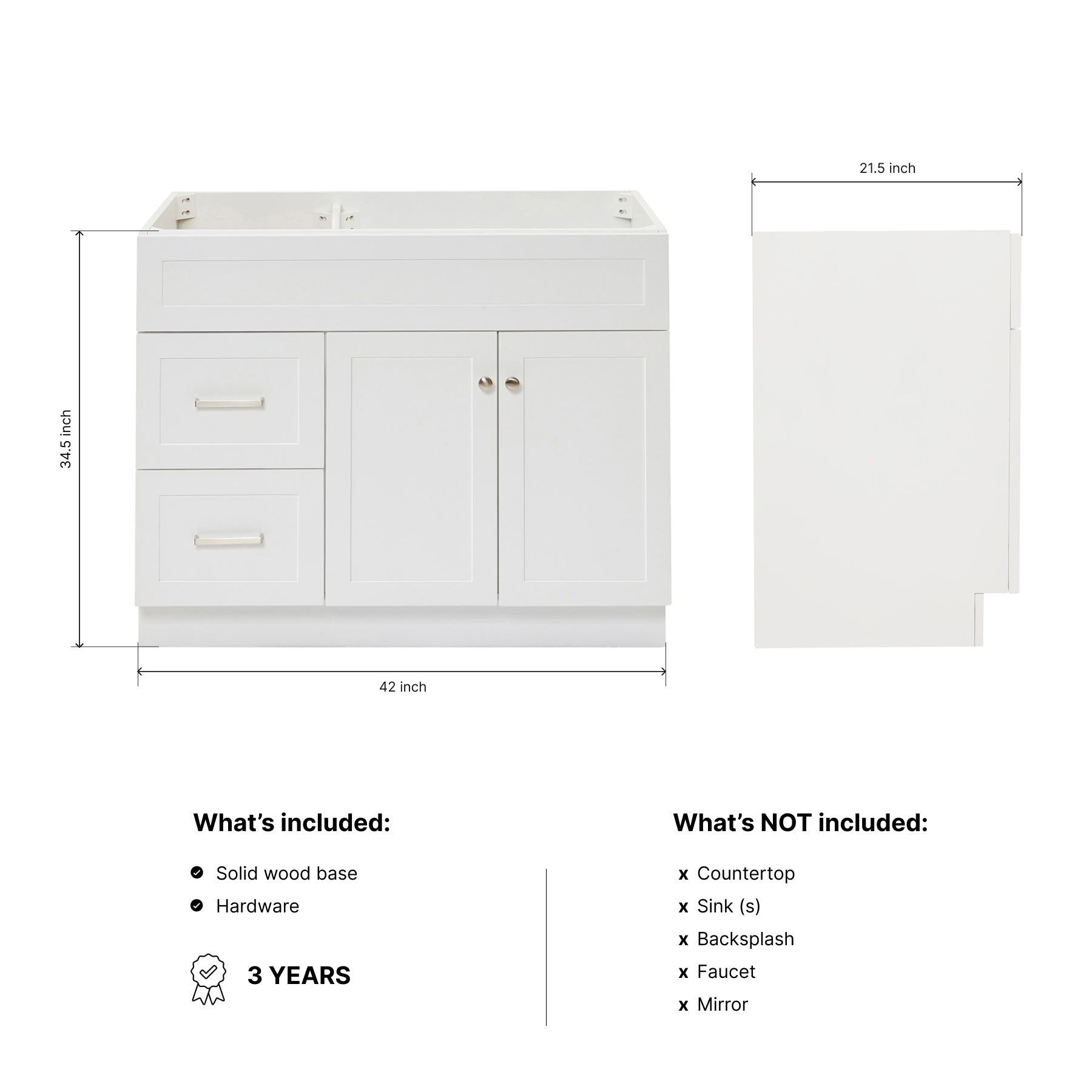 Bradford 42-inch White base cabinet on dimensions