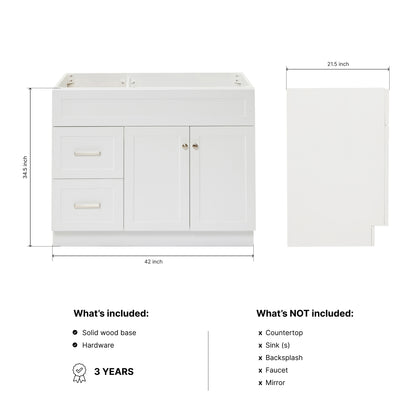 Bradford 42-inch White base cabinet on dimensions
