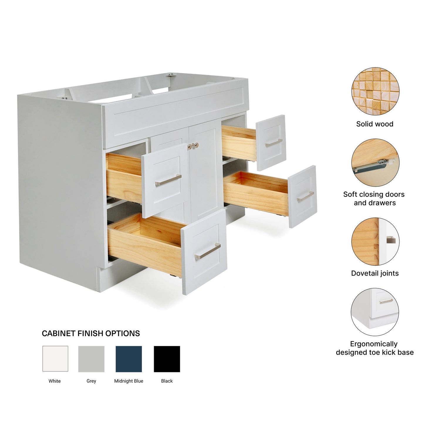 Bradford 42-inch Grey base cabinet on feature highlights: solid wood frame, soft-close doors and drawers, Sherwin-Williams paint finish
