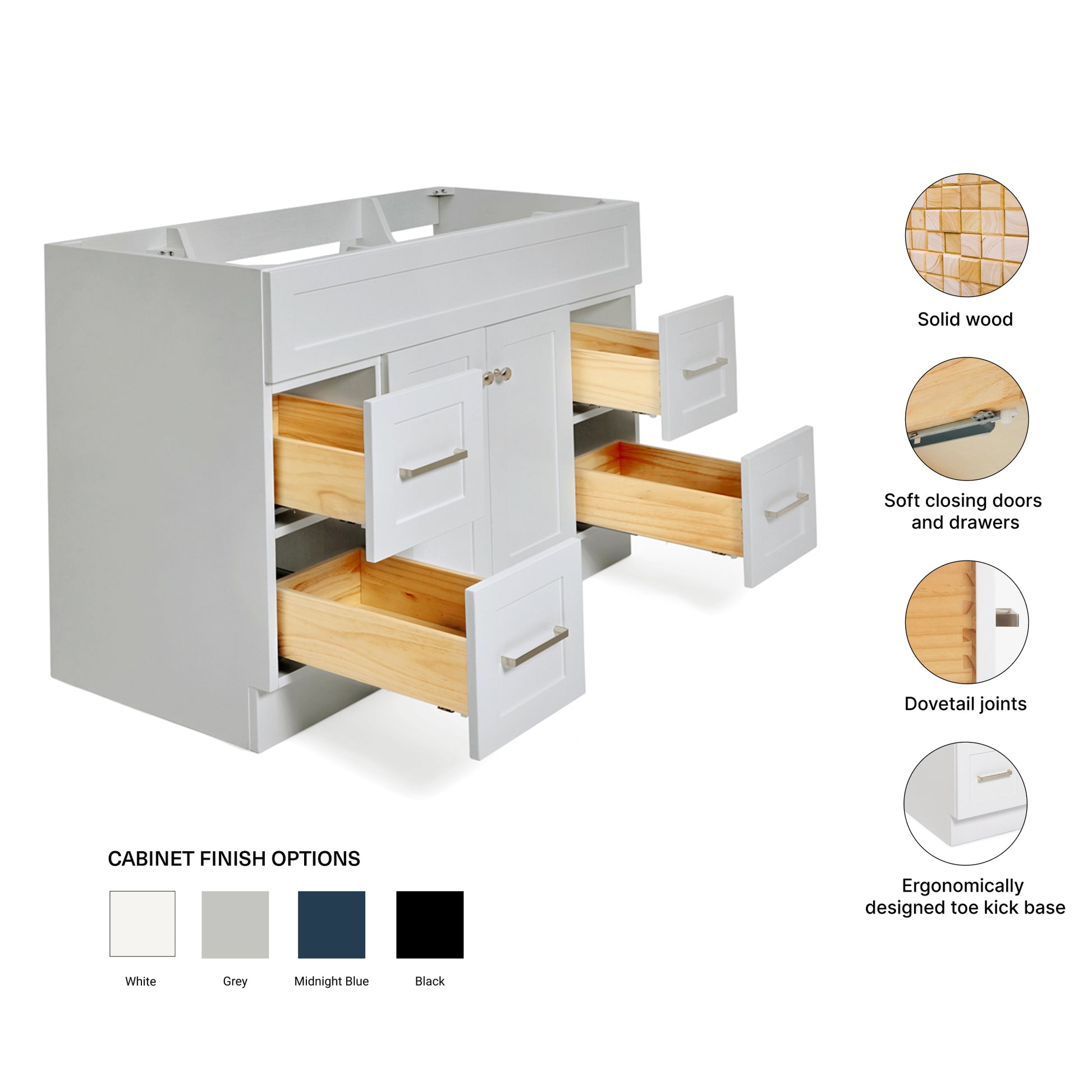 Bradford 42-inch Grey base cabinet on feature highlights: solid wood frame, soft-close doors and drawers, Sherwin-Williams paint finish
