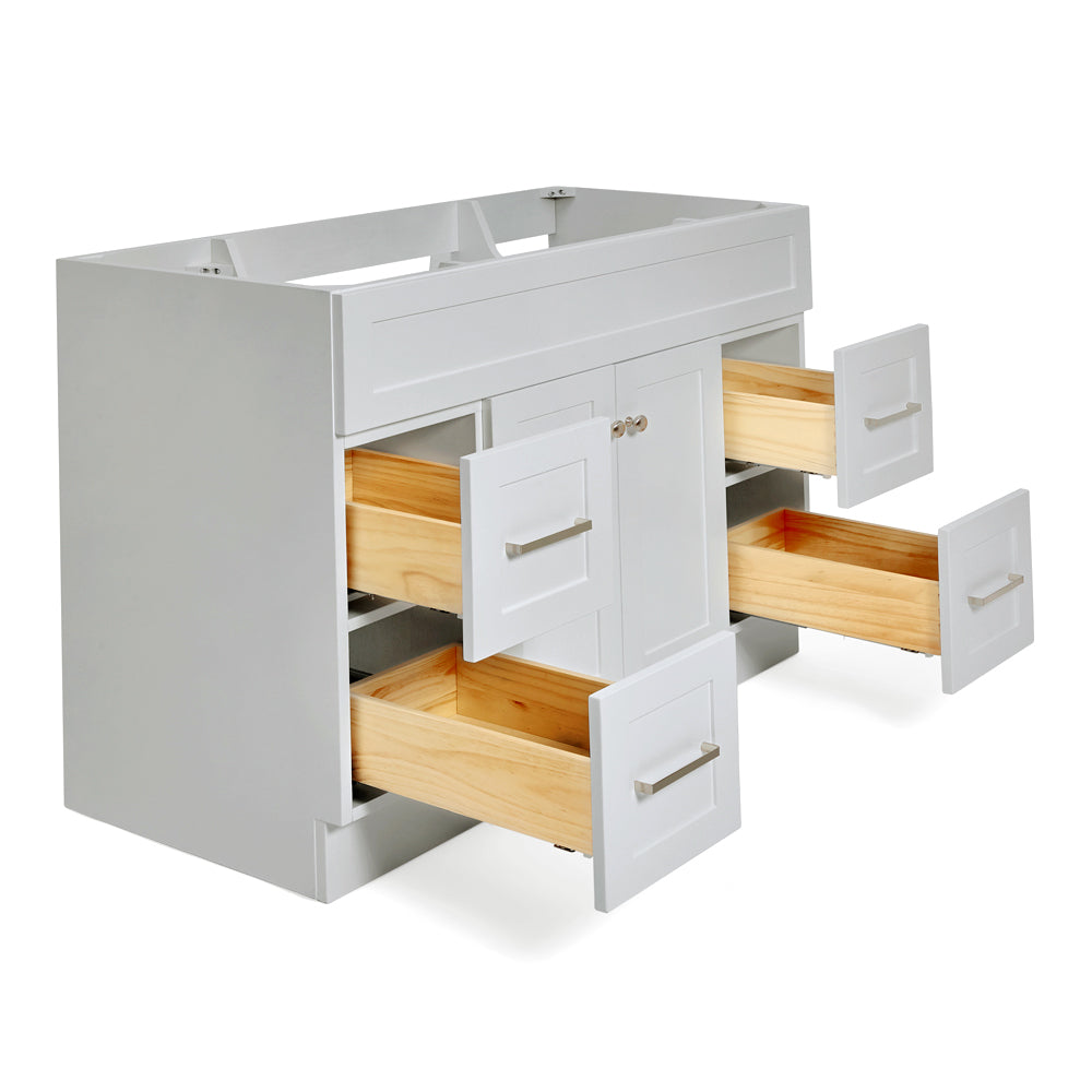 Bradford 42-inch Grey base cabinet on white back ground side view open door