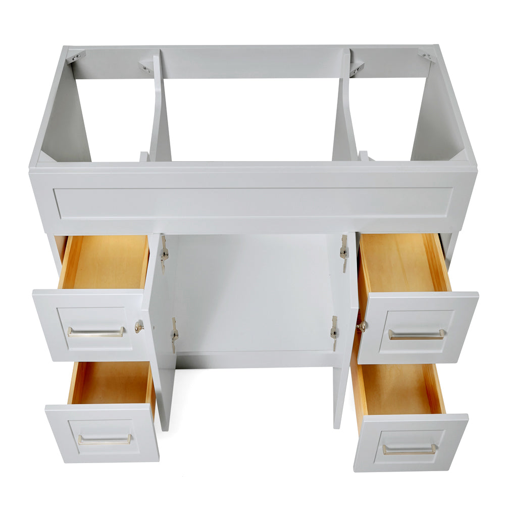 Bradford 42-inch Grey base cabinet on white back ground front view open door