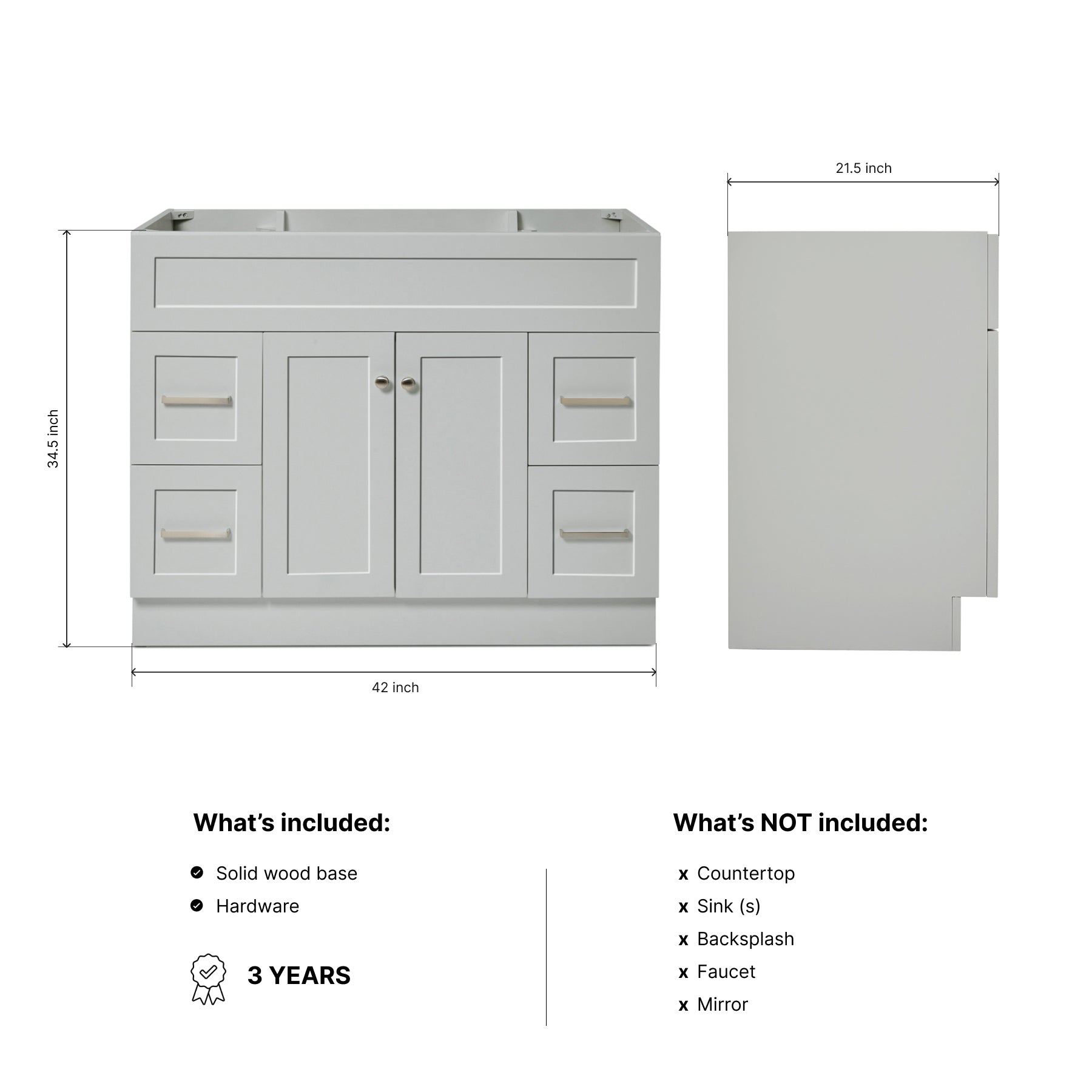 Bradford 42-inch Grey base cabinet on dimensions