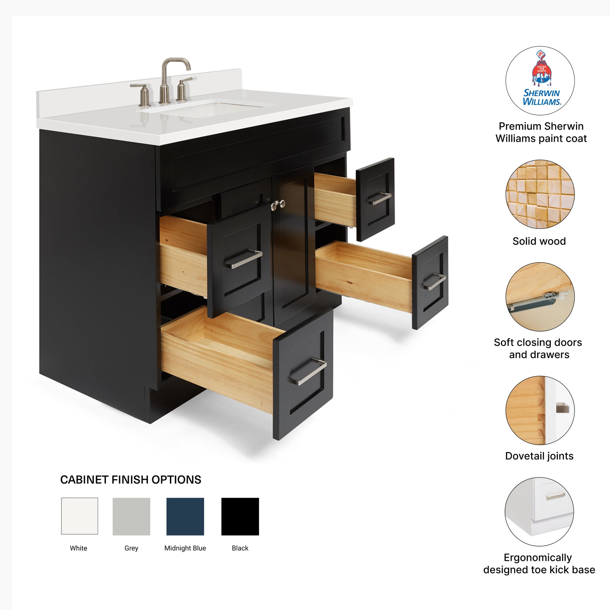 Bradford 42-Inch Black bathroom vanity – feature highlights: solid wood frame, soft-close doors and drawers, Sherwin-Williams paint finish