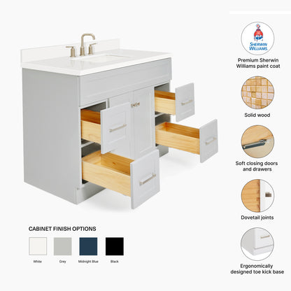 Bradford 42-Inch Grey bathroom vanity – feature highlights: solid wood frame, soft-close doors and drawers, Sherwin-Williams paint finish