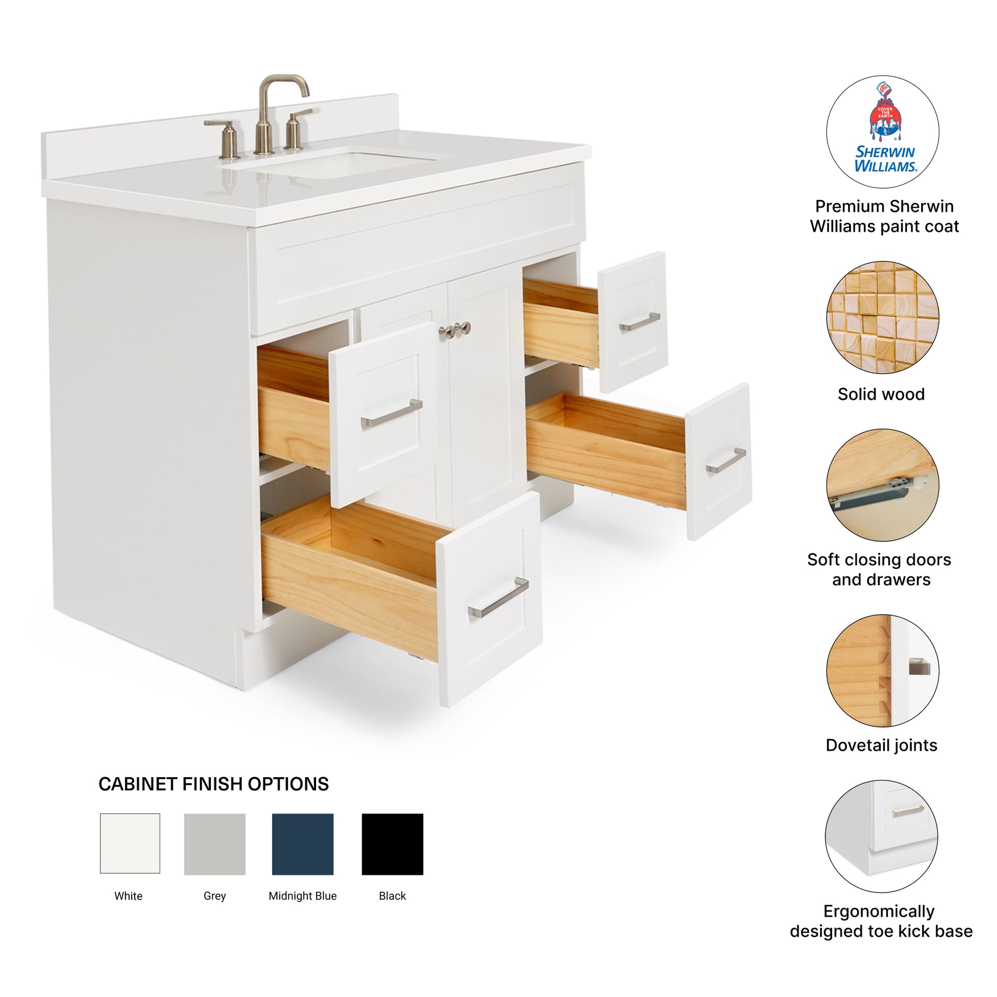 Bradford 42-Inch White bathroom vanity – feature highlights: solid wood frame, soft-close doors and drawers, Sherwin-Williams paint finish