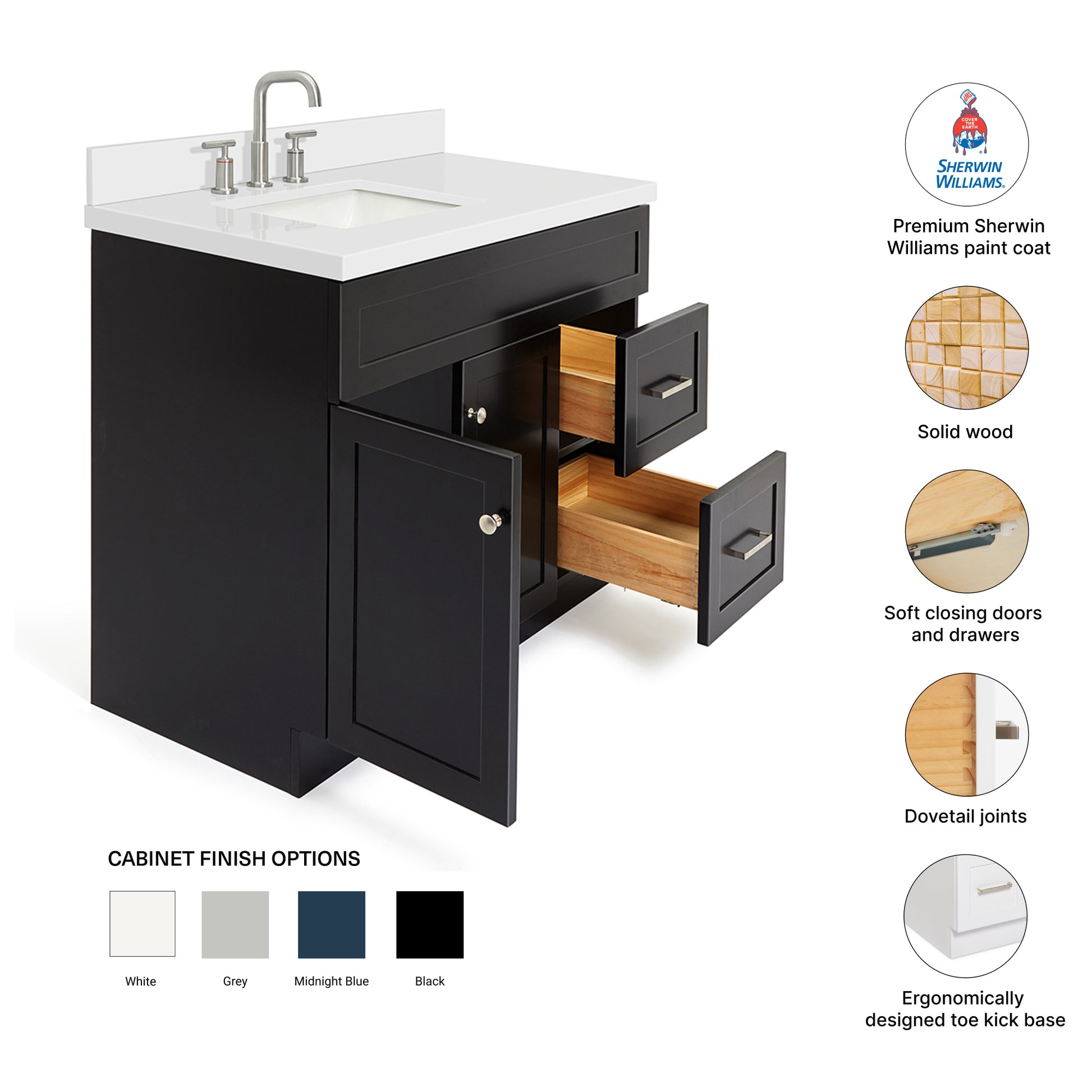 Bradford 42-Inch Black bathroom vanity – feature highlights: solid wood frame, soft-close doors and drawers, Sherwin-Williams paint finish