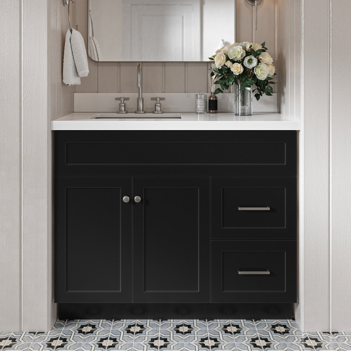 Bradford 42-Inch Black bathroom vanity in styled bathroom setting