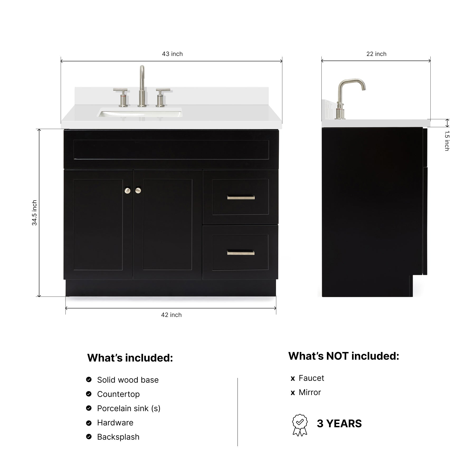 Bradford 42-Inch Black bathroom vanity dimensions