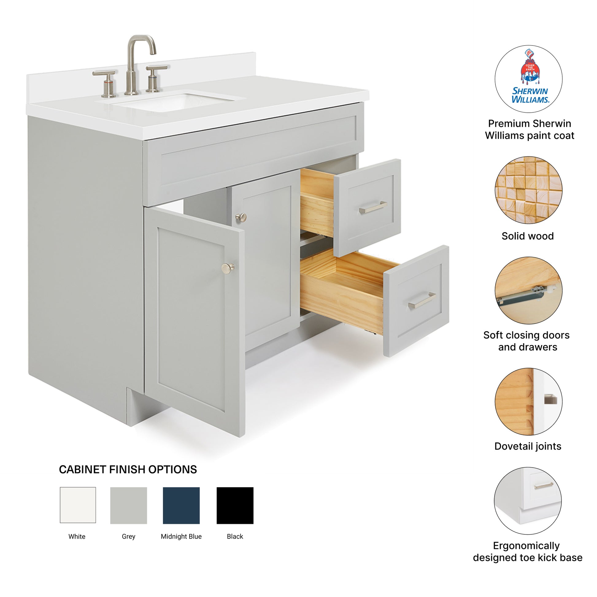 Bradford 42-Inch Grey bathroom vanity – feature highlights: solid wood frame, soft-close doors and drawers, Sherwin-Williams paint finish