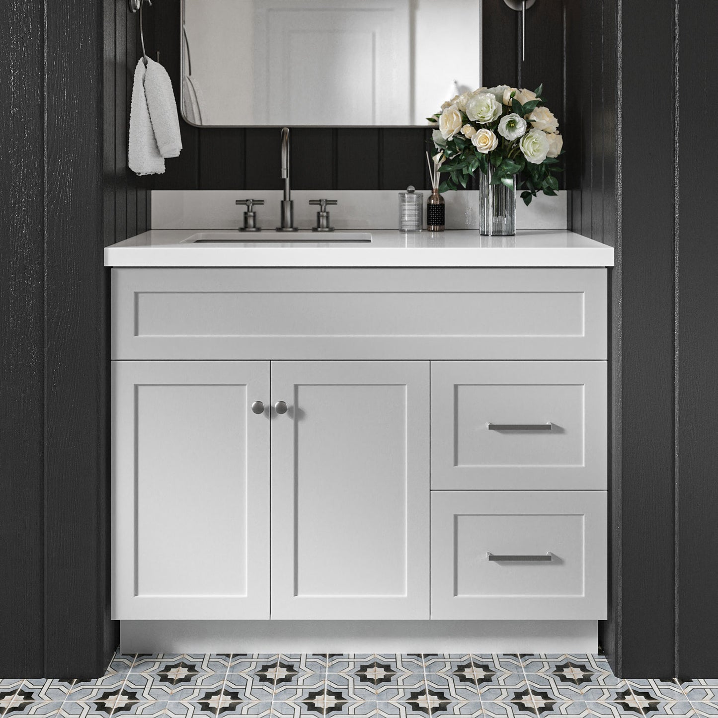 Bradford 42-Inch Grey bathroom vanity in styled bathroom setting
