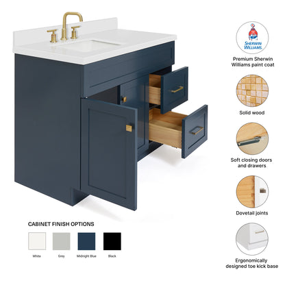 Bradford 42-Inch Midnight Blue bathroom vanity – feature highlights: solid wood frame, soft-close doors and drawers, Sherwin-Williams paint finish