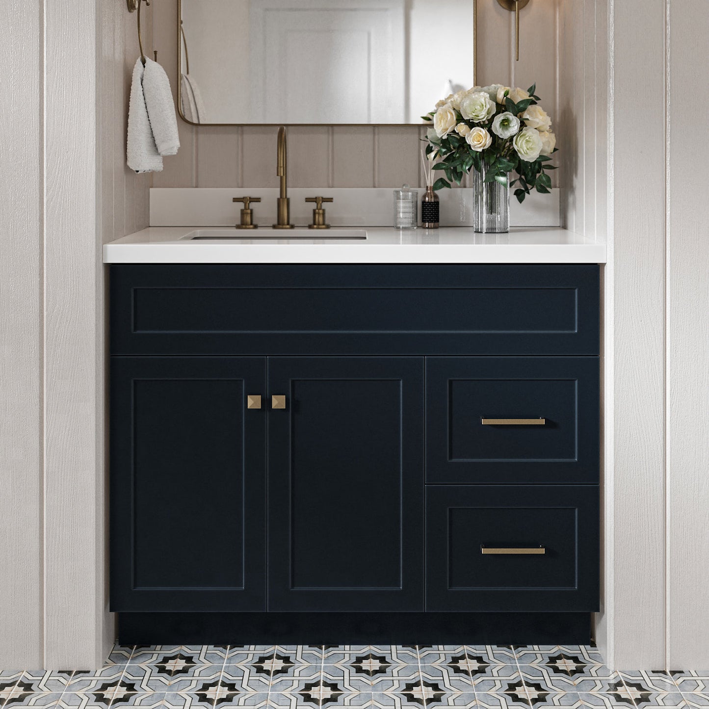 Bradford 42-Inch Midnight Blue bathroom vanity in styled bathroom setting