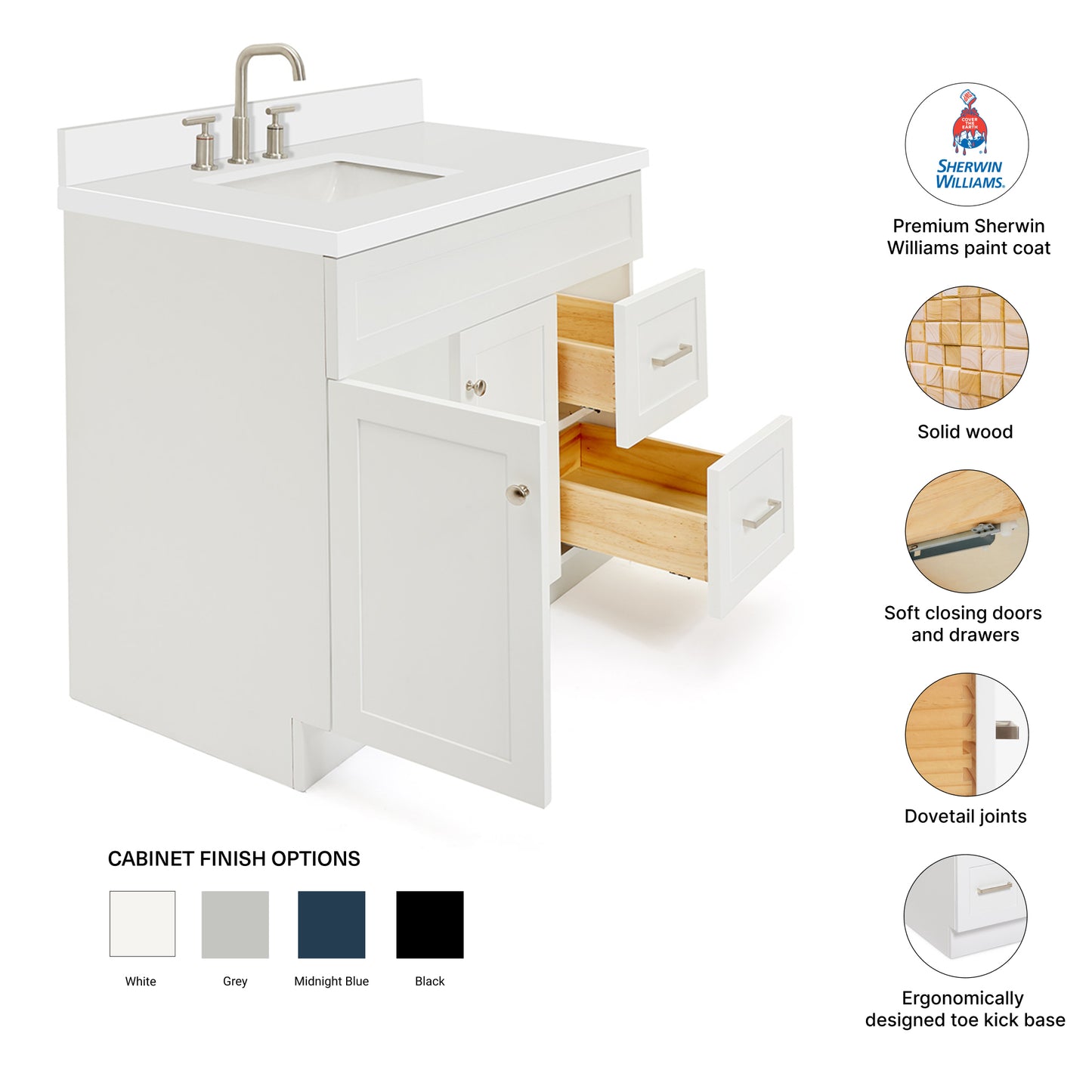 Bradford 42-Inch White bathroom vanity – feature highlights: solid wood frame, soft-close doors and drawers, Sherwin-Williams paint finish