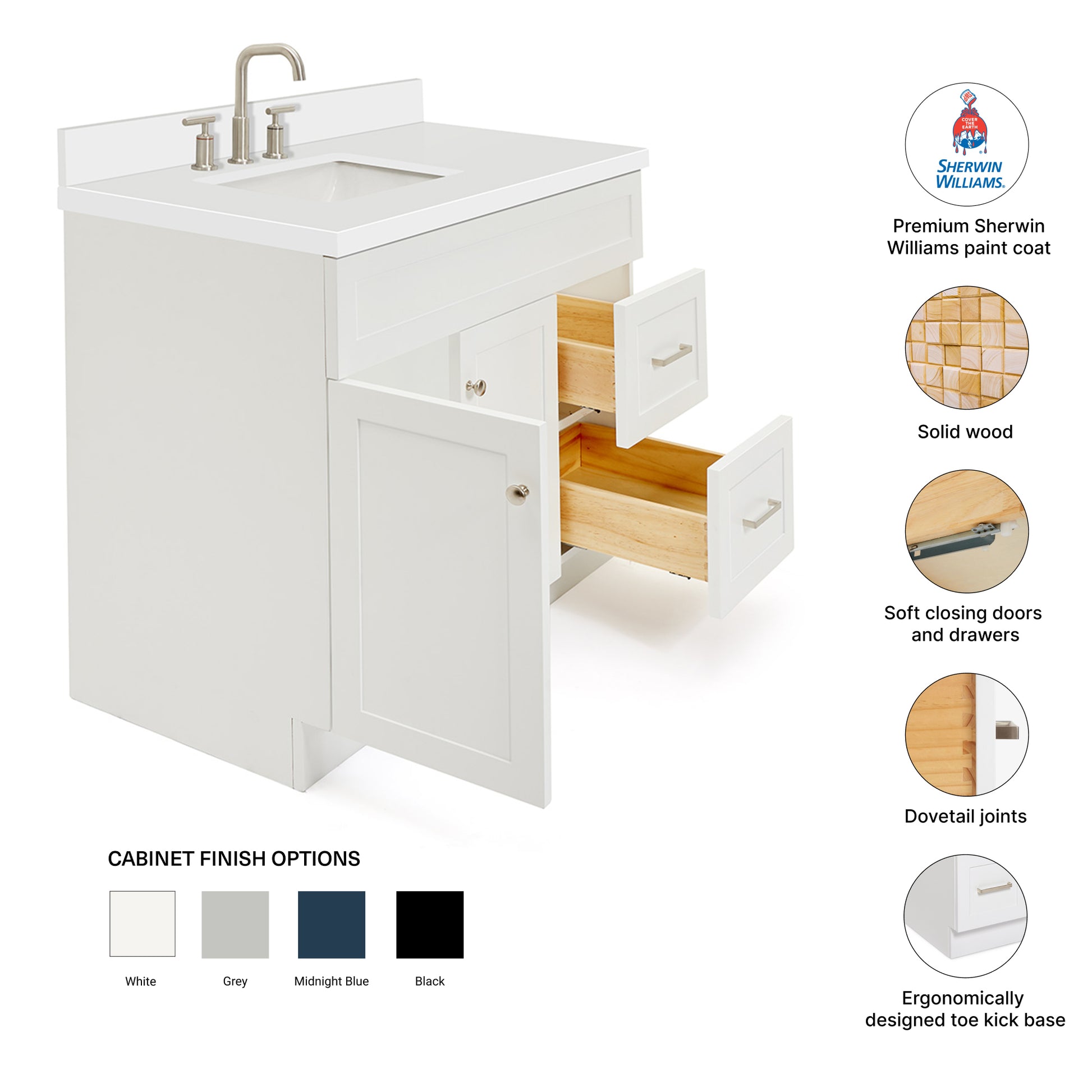 Bradford 42-Inch White bathroom vanity – feature highlights: solid wood frame, soft-close doors and drawers, Sherwin-Williams paint finish