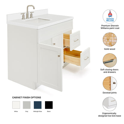 Bradford 42-Inch White bathroom vanity – feature highlights: solid wood frame, soft-close doors and drawers, Sherwin-Williams paint finish