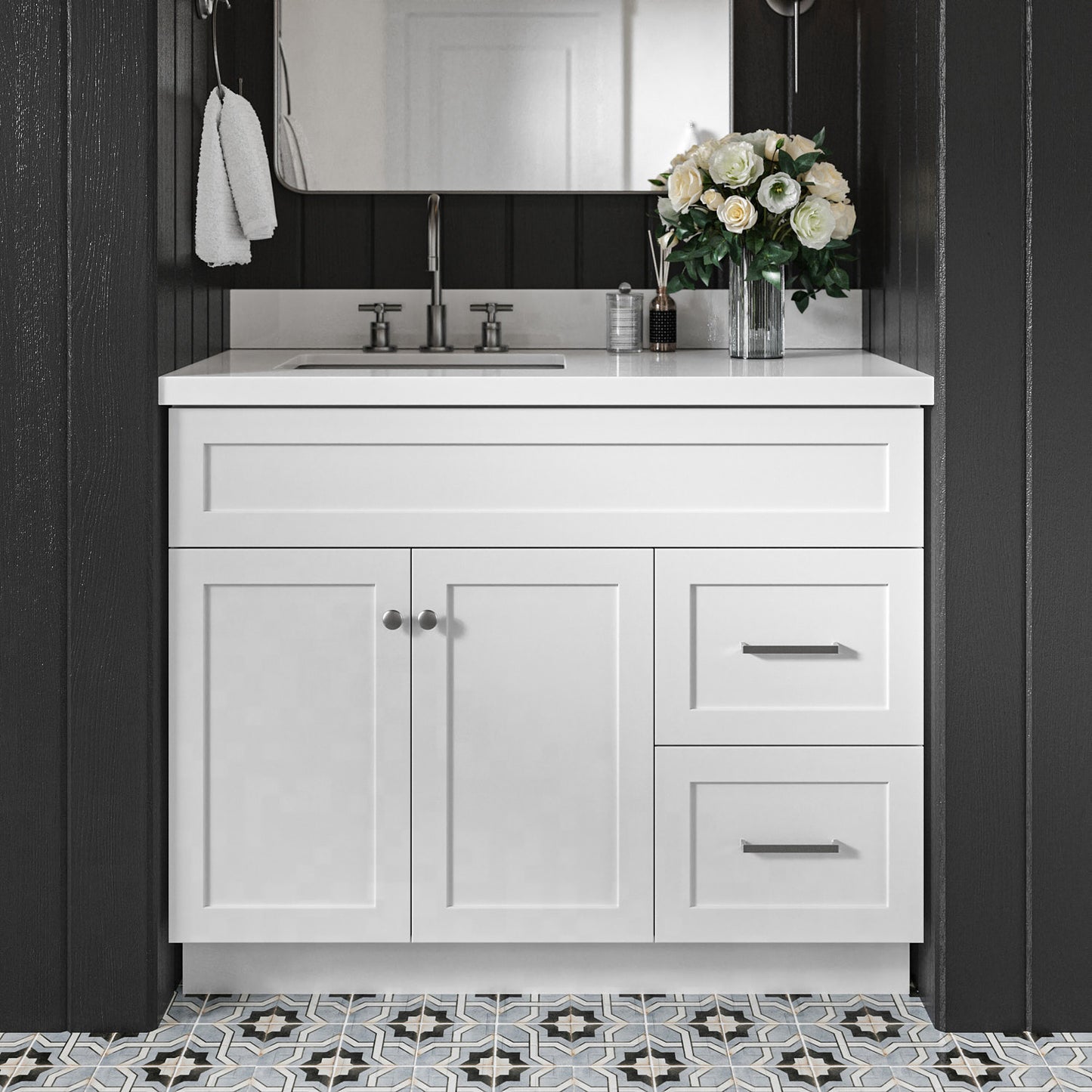 Bradford 42-Inch White bathroom vanity in styled bathroom setting
