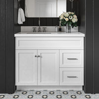 Bradford 42-Inch White bathroom vanity in styled bathroom setting