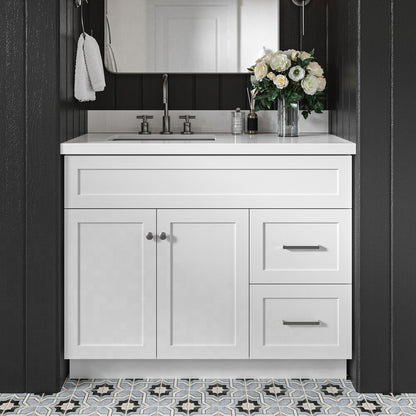 Bradford 42-Inch White bathroom vanity in styled bathroom setting