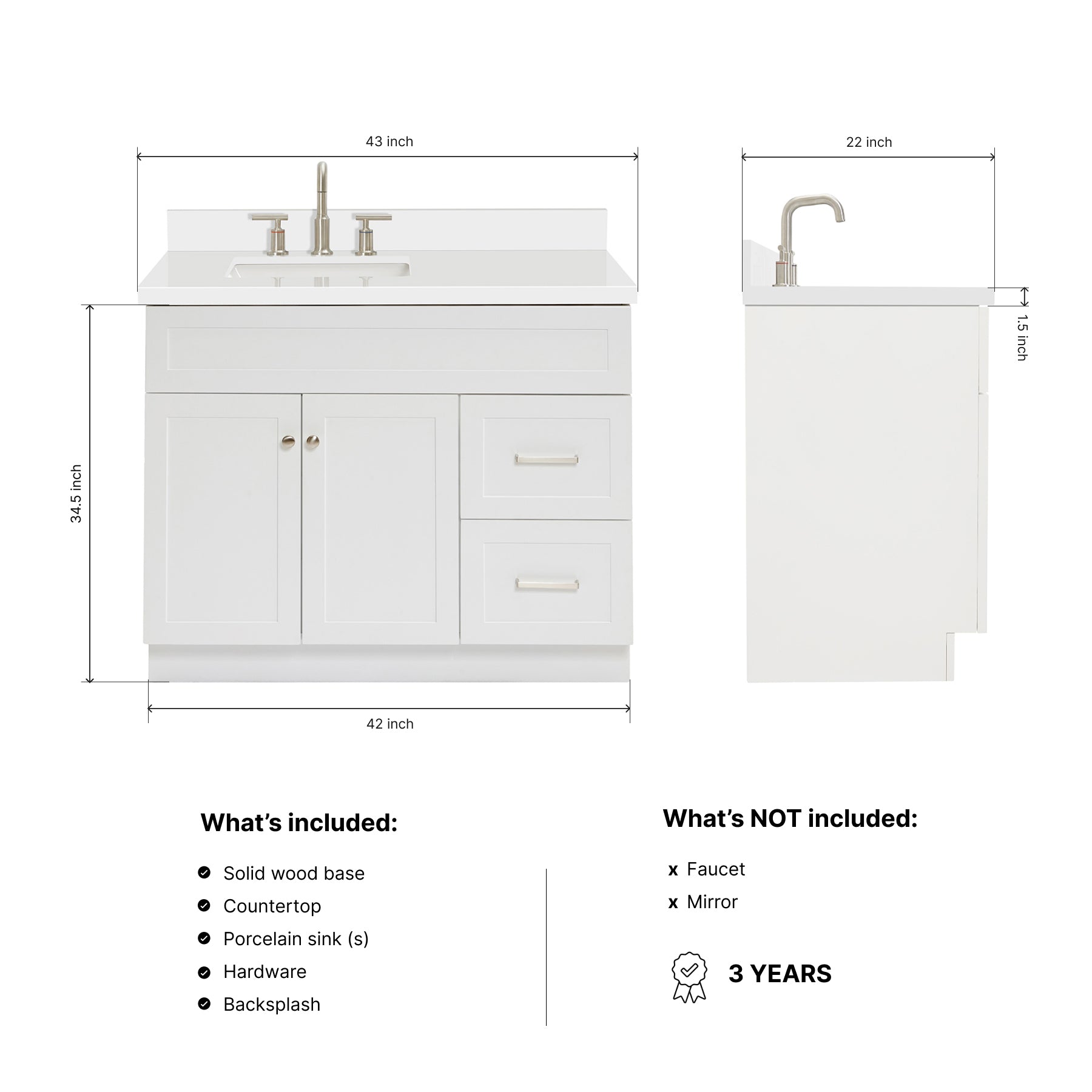 Bradford 42-Inch White bathroom vanity dimensions