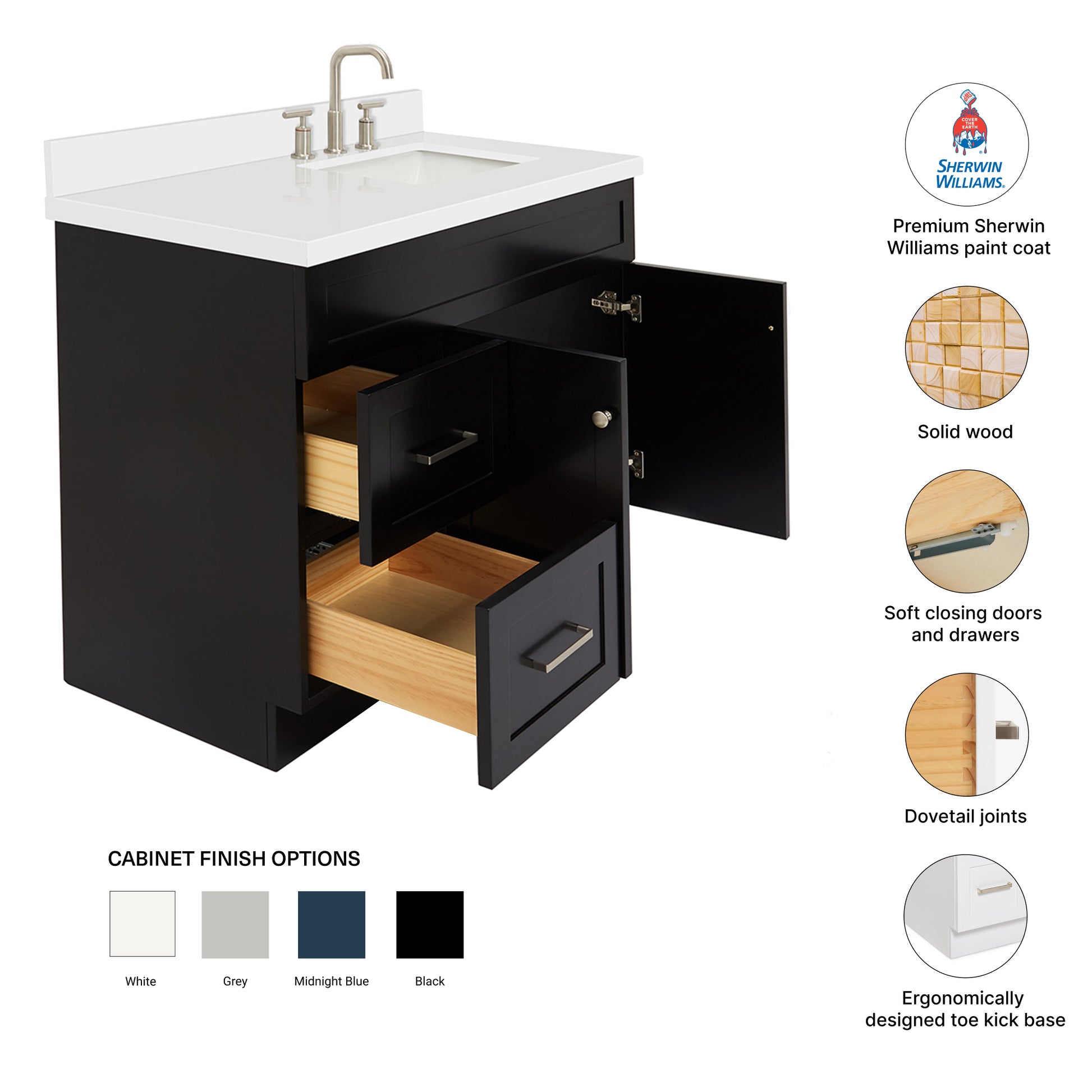 Bradford 42-Inch Black bathroom vanity – feature highlights: solid wood frame, soft-close doors and drawers, Sherwin-Williams paint finish