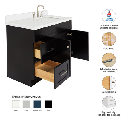 Bradford 42-Inch Black bathroom vanity – feature highlights: solid wood frame, soft-close doors and drawers, Sherwin-Williams paint finish
