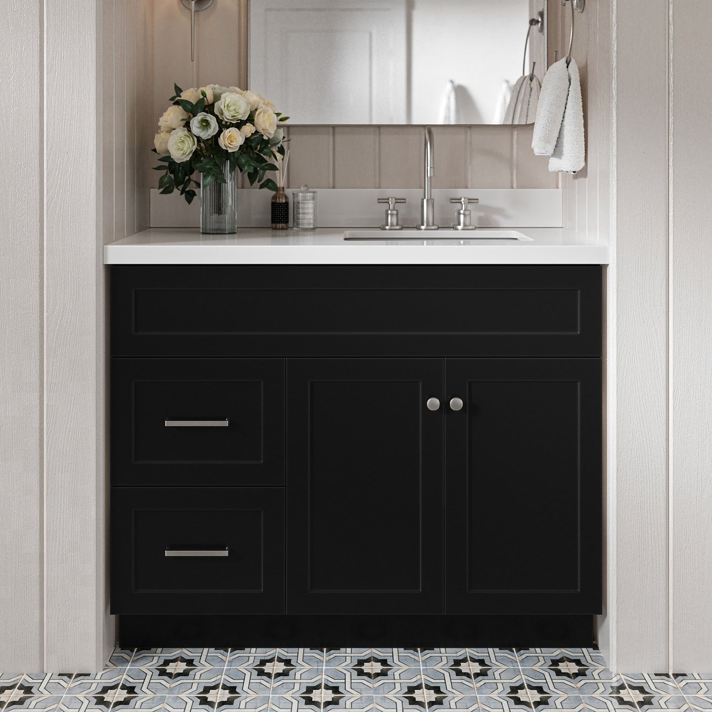 Bradford 42-Inch Black bathroom vanity in styled bathroom setting