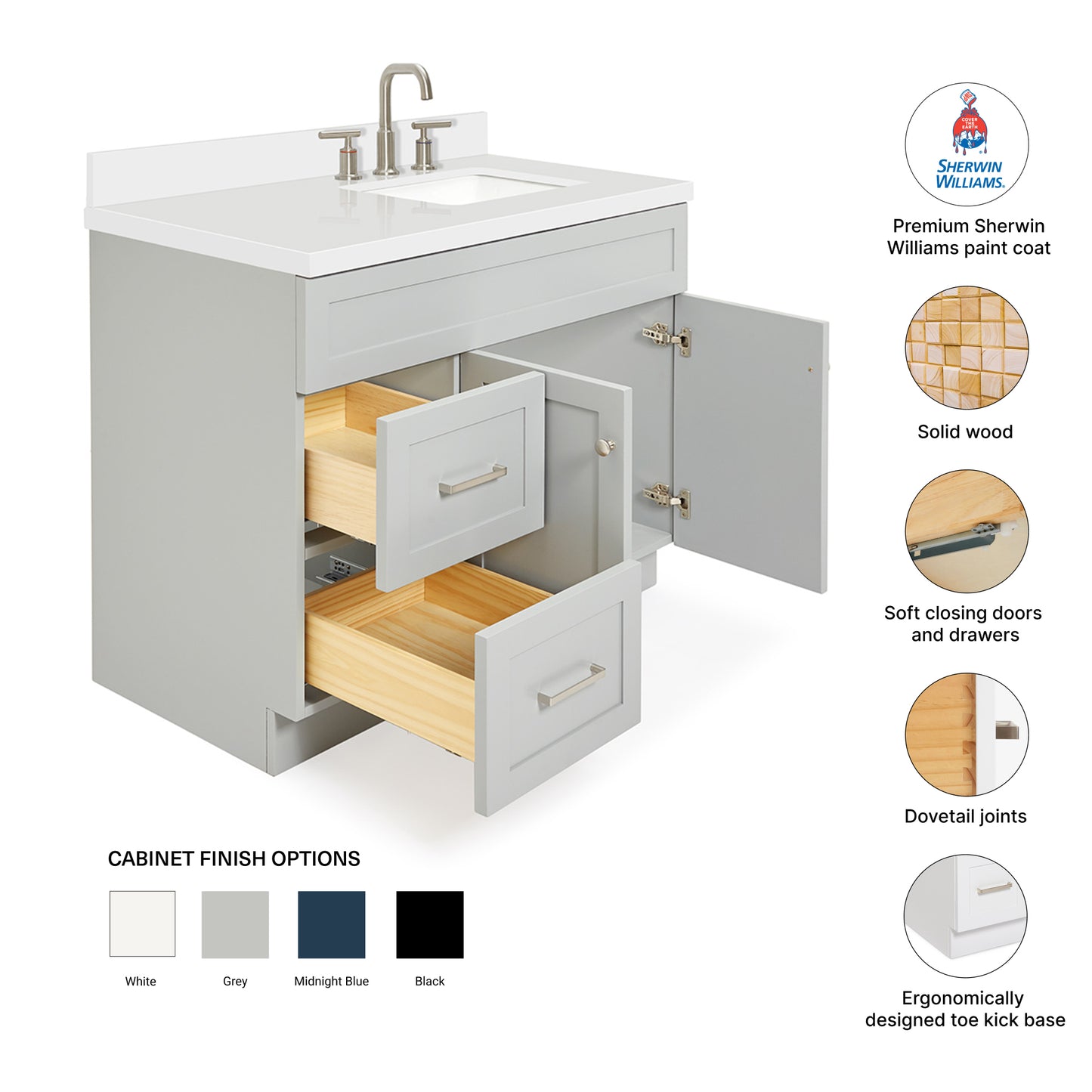 Bradford 42-Inch Grey bathroom vanity – feature highlights: solid wood frame, soft-close doors and drawers, Sherwin-Williams paint finish
