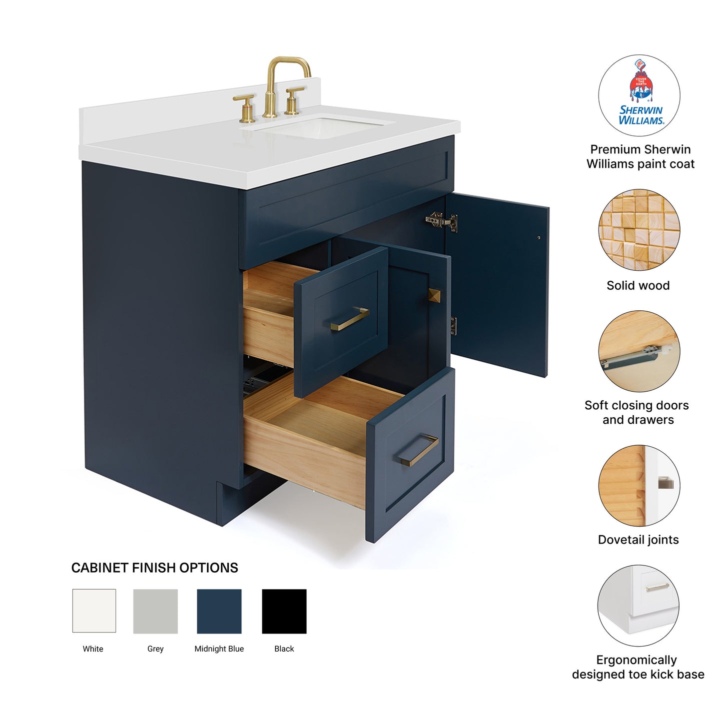 Bradford 42-Inch Midnight Blue bathroom vanity – feature highlights: solid wood frame, soft-close doors and drawers, Sherwin-Williams paint finish