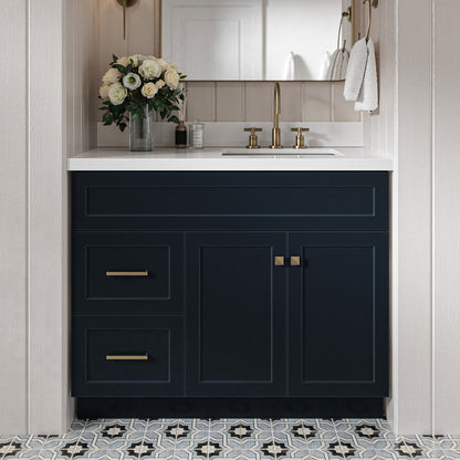 Bradford 42-Inch Midnight Blue bathroom vanity in styled bathroom setting