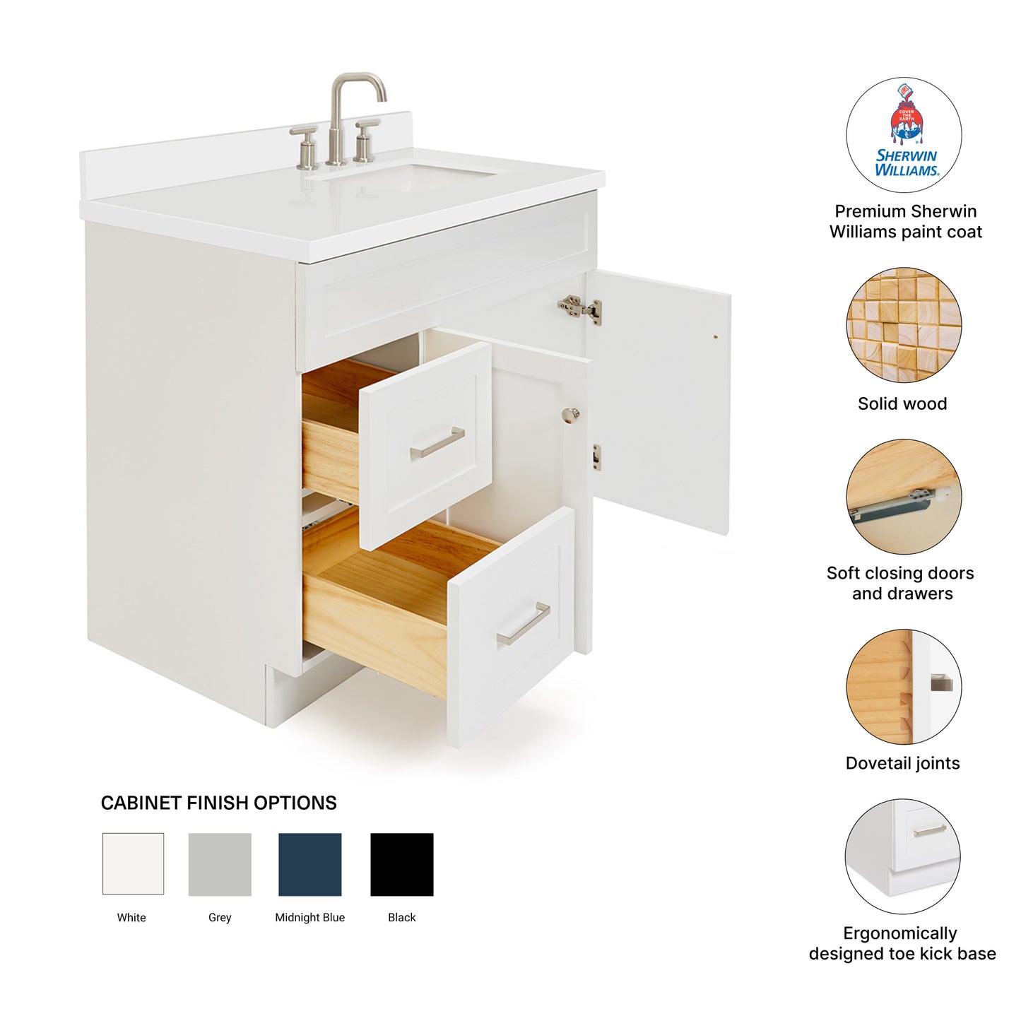 Bradford 42-Inch White bathroom vanity – feature highlights: solid wood frame, soft-close doors and drawers, Sherwin-Williams paint finish
