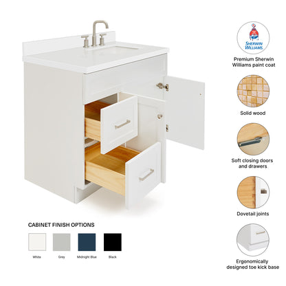 Bradford 42-Inch White bathroom vanity – feature highlights: solid wood frame, soft-close doors and drawers, Sherwin-Williams paint finish