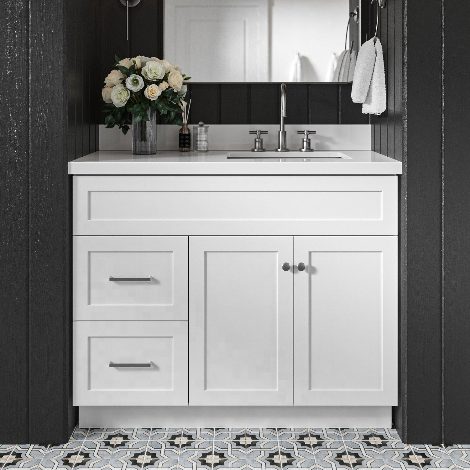 Bradford 42-Inch White bathroom vanity in styled bathroom setting