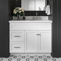 Bradford 42-Inch White bathroom vanity in styled bathroom setting